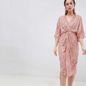 ASOS DESIGN Scatter Sequin Knot Front Kimono Midi Dress, sz XS, MSRP $119